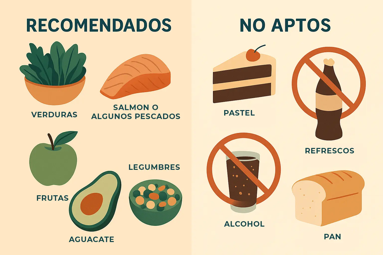 Comparación visual entre alimentos recomendados y alimentos no aptos para diabéticos