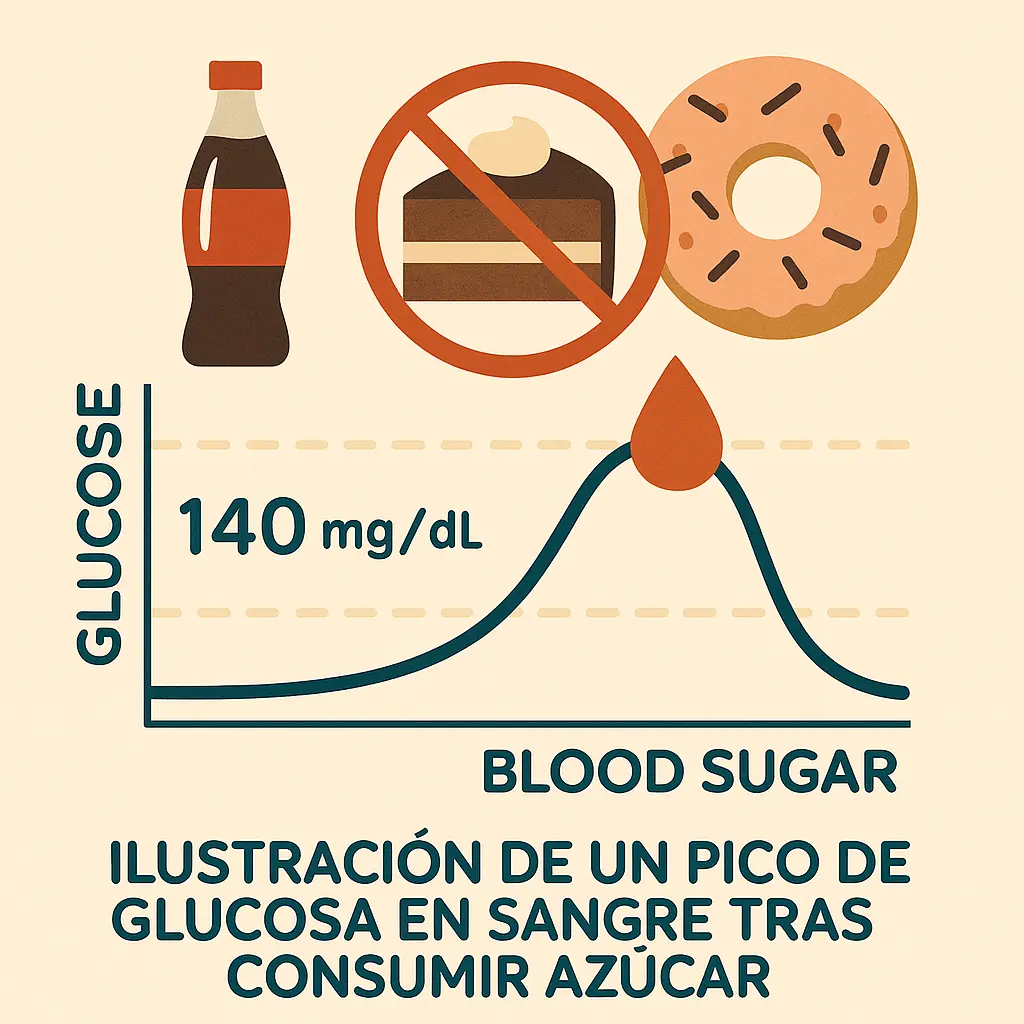 Ilustración de un pico de glucosa en sangre tras consumir azúcar