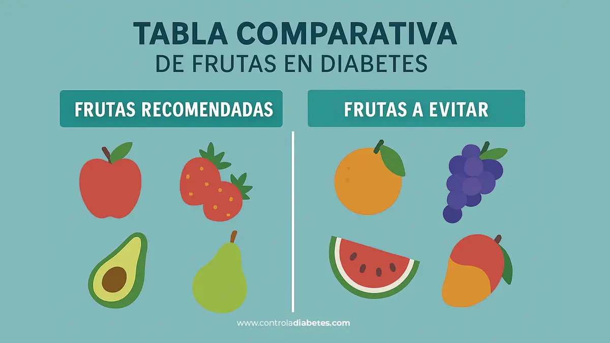 Tabla comparativa de frutas recomendadas vs frutas a evitar en diabetes