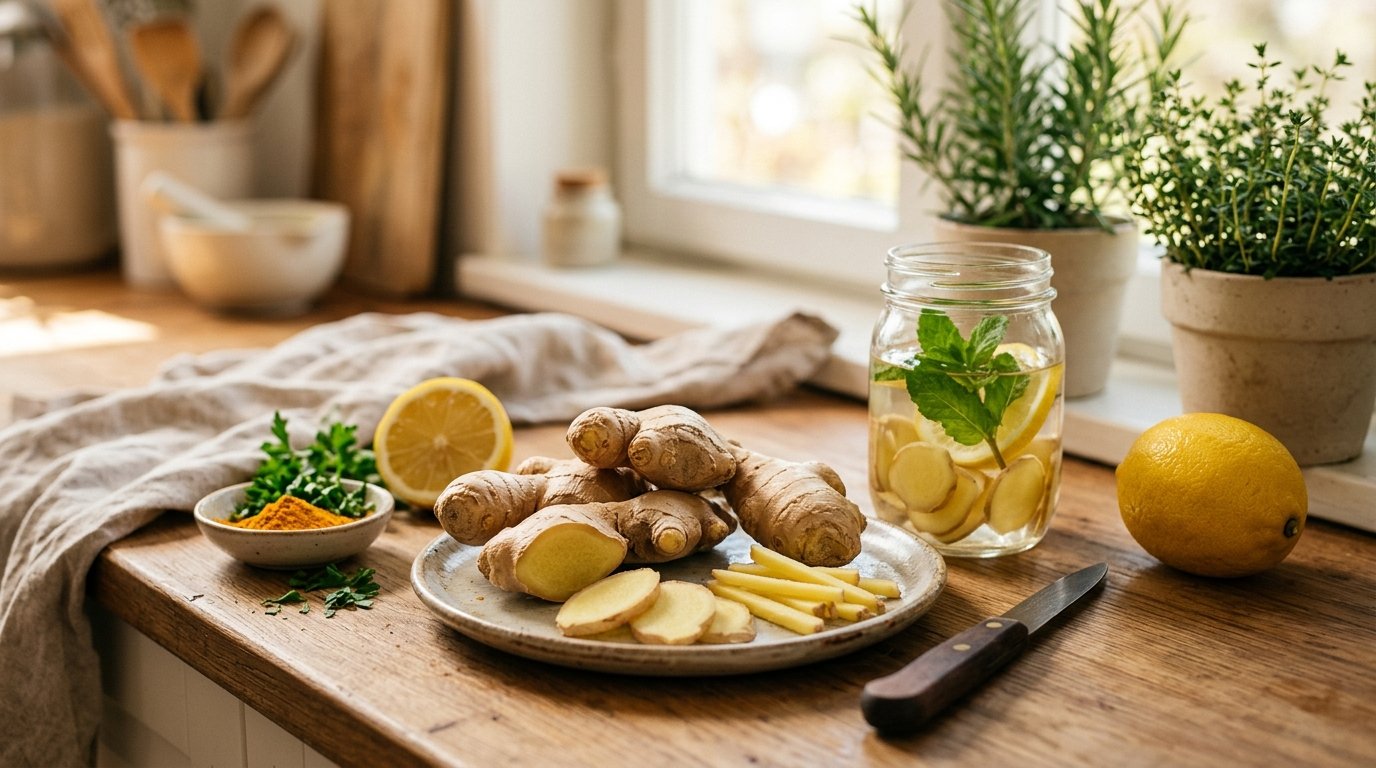 Raíz de jengibre fresco cortada en rodajas sobre un plato, junto a limón y una infusión de jengibre con menta, ideal para mejorar la sensibilidad a la insulina