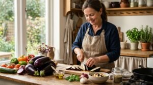 Mujer sonriente cortando rodajas de berenjena fresca en una cocina luminosa, rodeada de pimientos, tomates y cebolla morada, ideal para el control glucémico