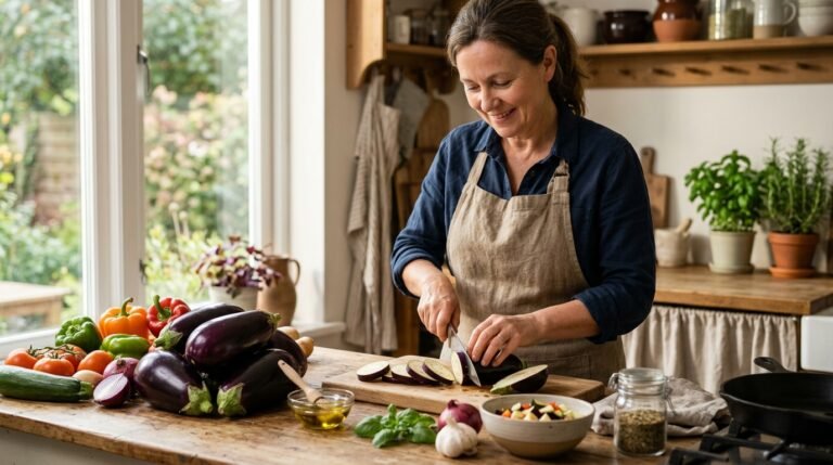 Mujer sonriente cortando rodajas de berenjena fresca en una cocina luminosa, rodeada de pimientos, tomates y cebolla morada, ideal para el control glucémico