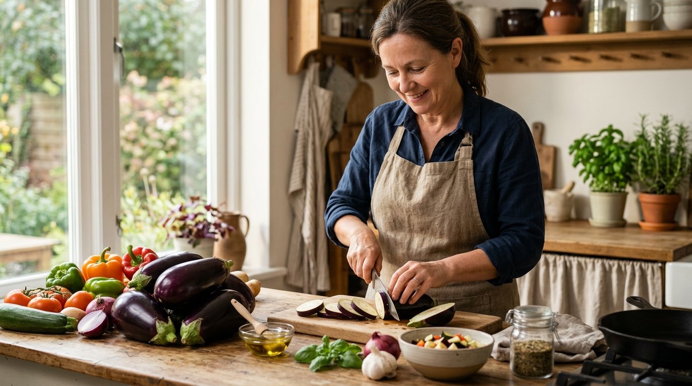 Mujer sonriente cortando rodajas de berenjena fresca en una cocina luminosa, rodeada de pimientos, tomates y cebolla morada, ideal para el control glucémico