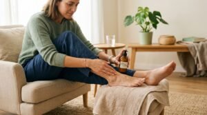 Mujer aplicando crema hidratante en los pies como parte del cuidado de los pies en personas con diabetes