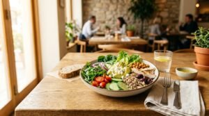 Plato equilibrado de restaurante con ensalada, garbanzos, quinoa y pollo a la plancha para controlar la glucosa