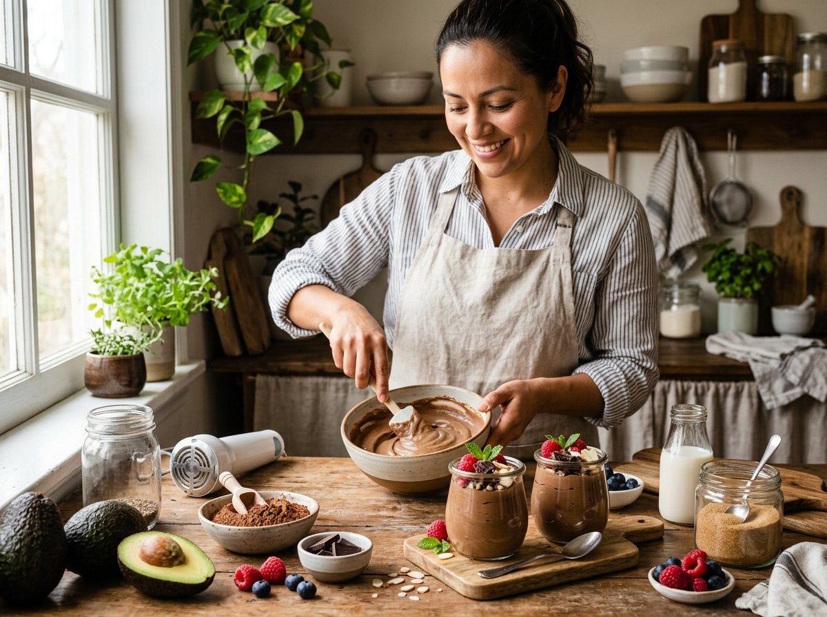 Copas de postre con aguacate en cubos y crema, ejemplo de postres aptos para diabéticos