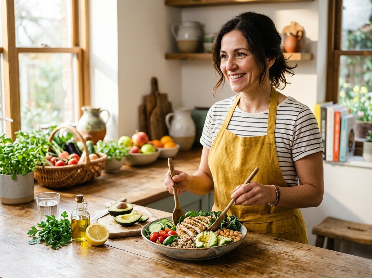 Mujer sonriente preparando un bowl de pollo a la plancha, quinoa, garbanzos y vegetales frescos, ejemplo de alimentación equilibrada para la sensibilidad a la insulina