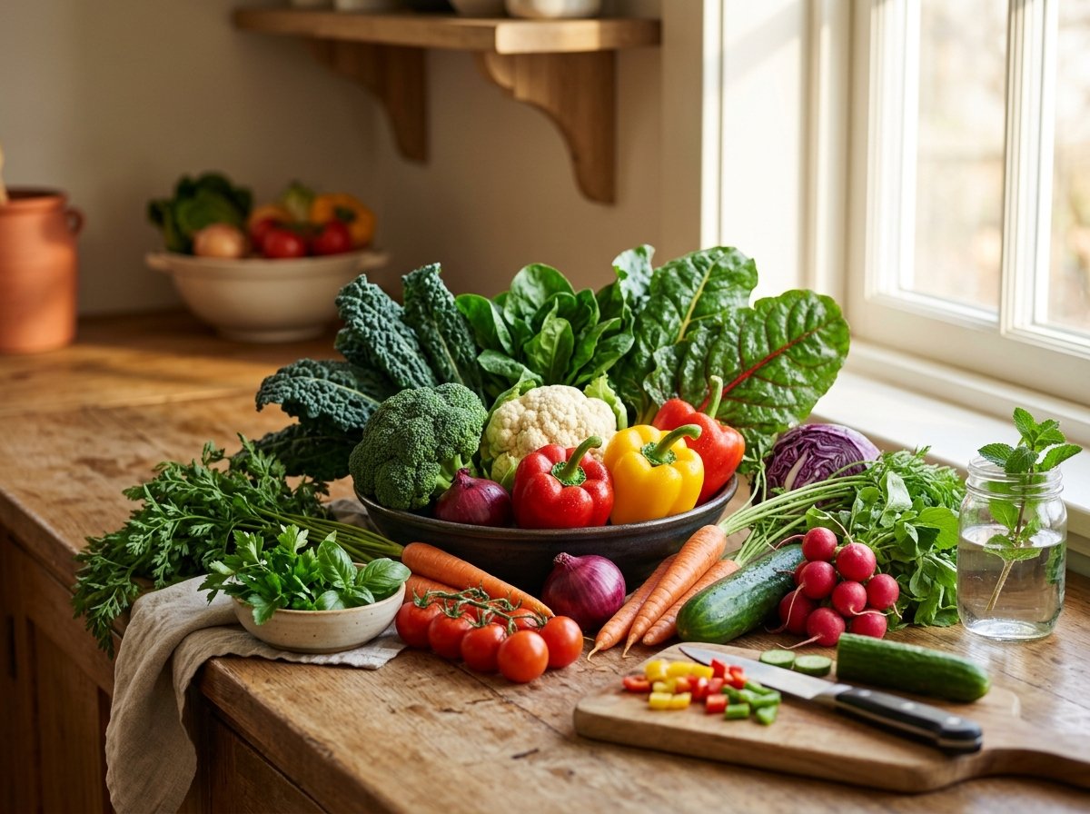 Surtido de verduras frescas ricas en fibra, ideales para complementar la dieta de la berenjena para la glucosa