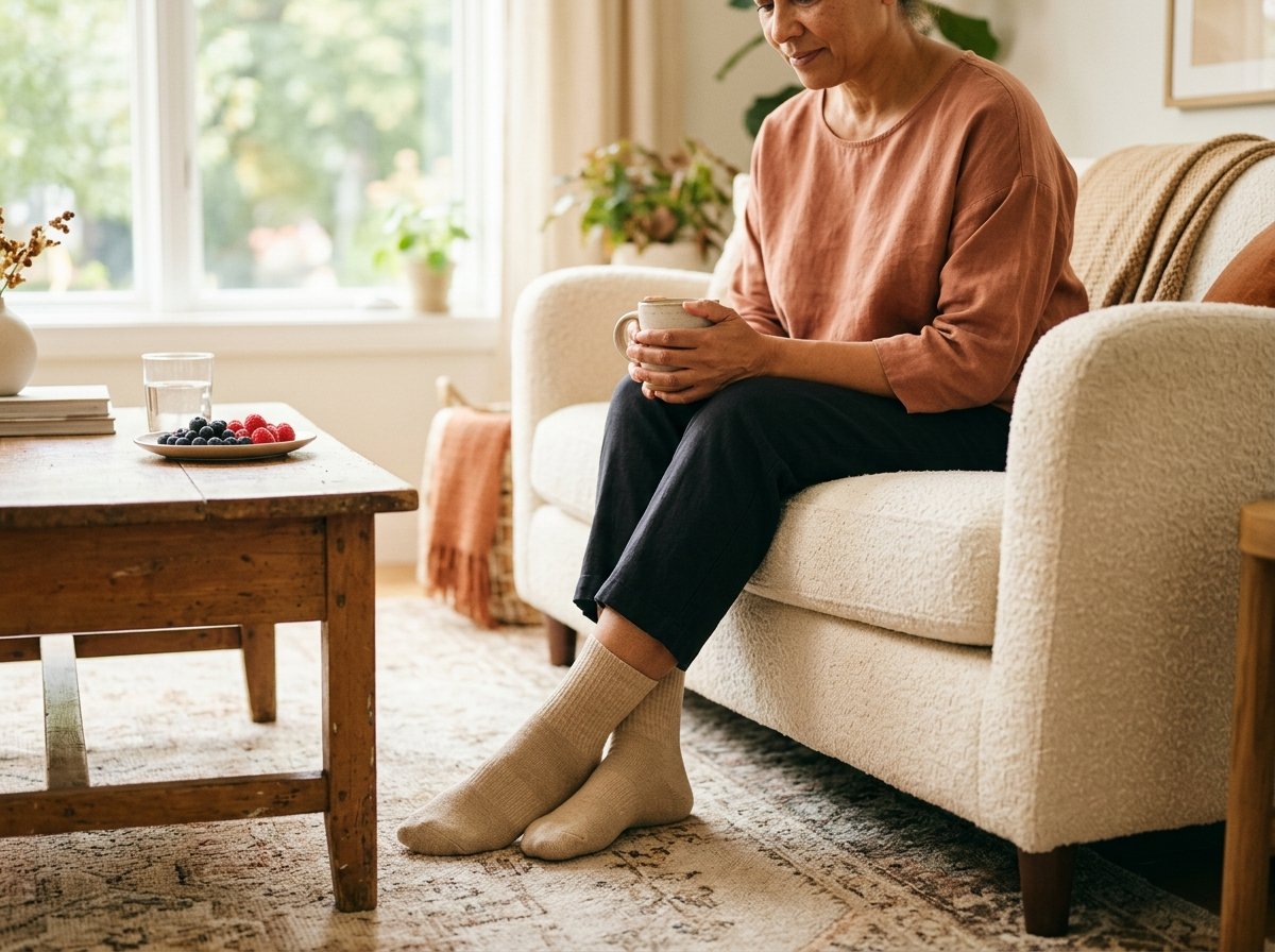 Mujer descansando en el sofá con calcetines de algodón sin costuras, un hábito clave para el cuidado de los pies en personas con diabetes