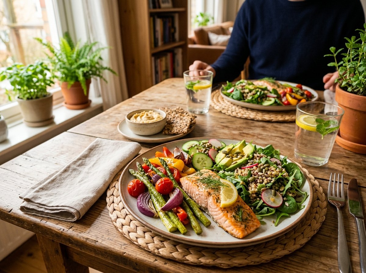 Comensales controlando la glucosa en restaurantes con platos de salmón, vegetales asados y ensalada de granos