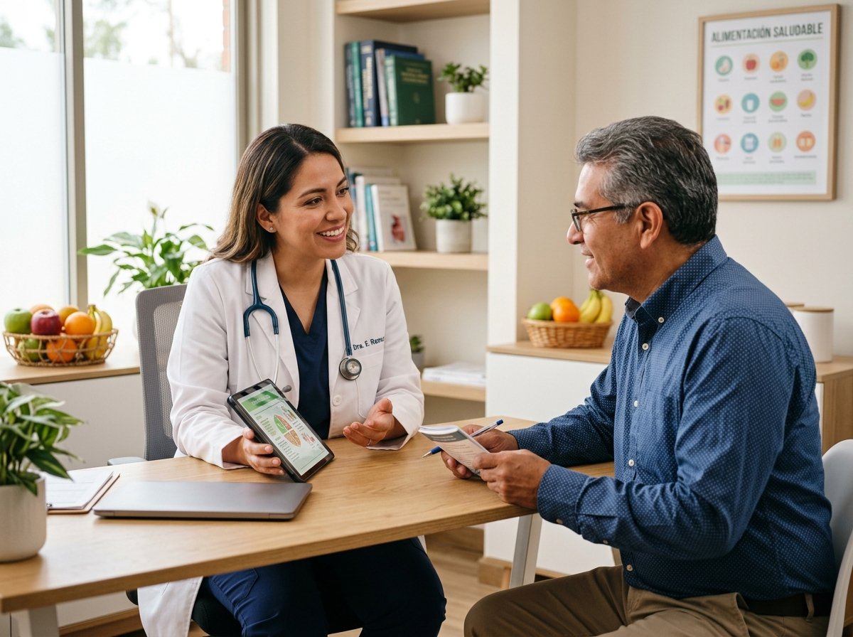 Doctora mostrando en una tablet los resultados de un análisis a un paciente, ejemplo de cómo interpretar la hemoglobina glucosilada con apoyo profesional