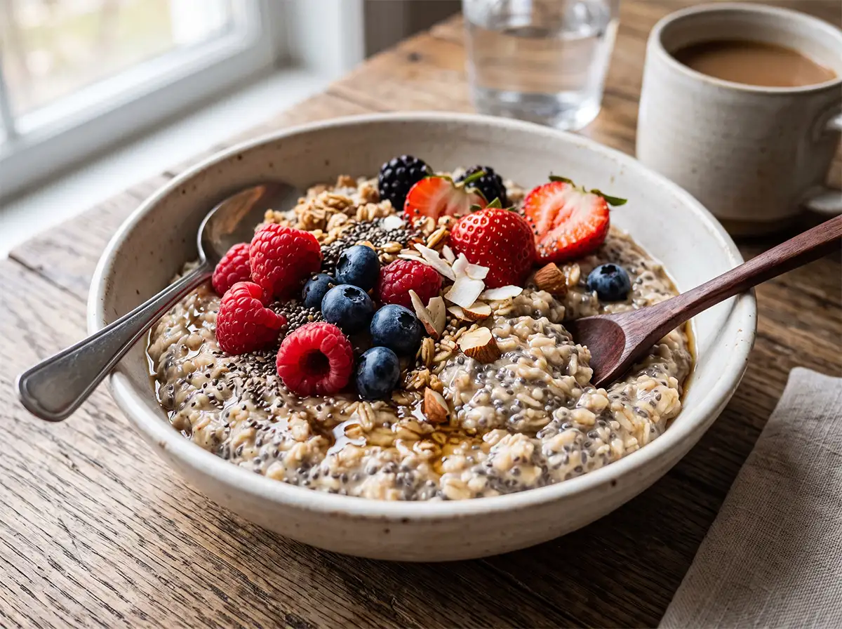 Tazón de avena integral con frutos rojos